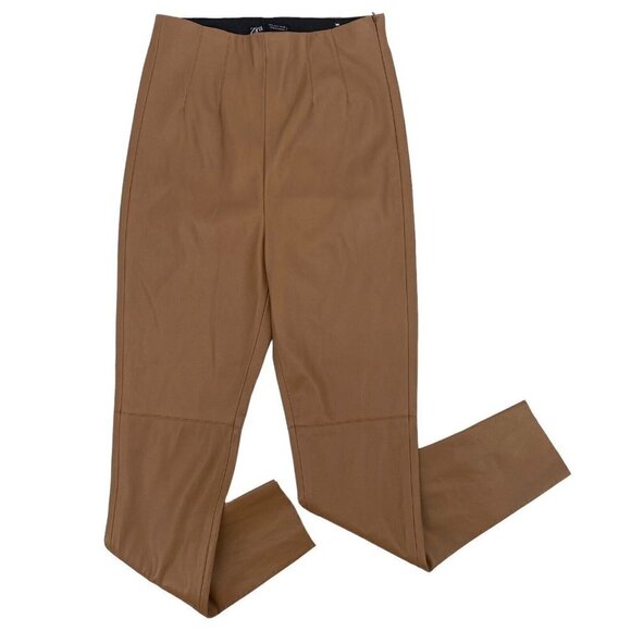 Zara Size Small High Waisted Faux Leather Leggings Camel  Vegan Side Zip NWOT - Picture 1 of 11
